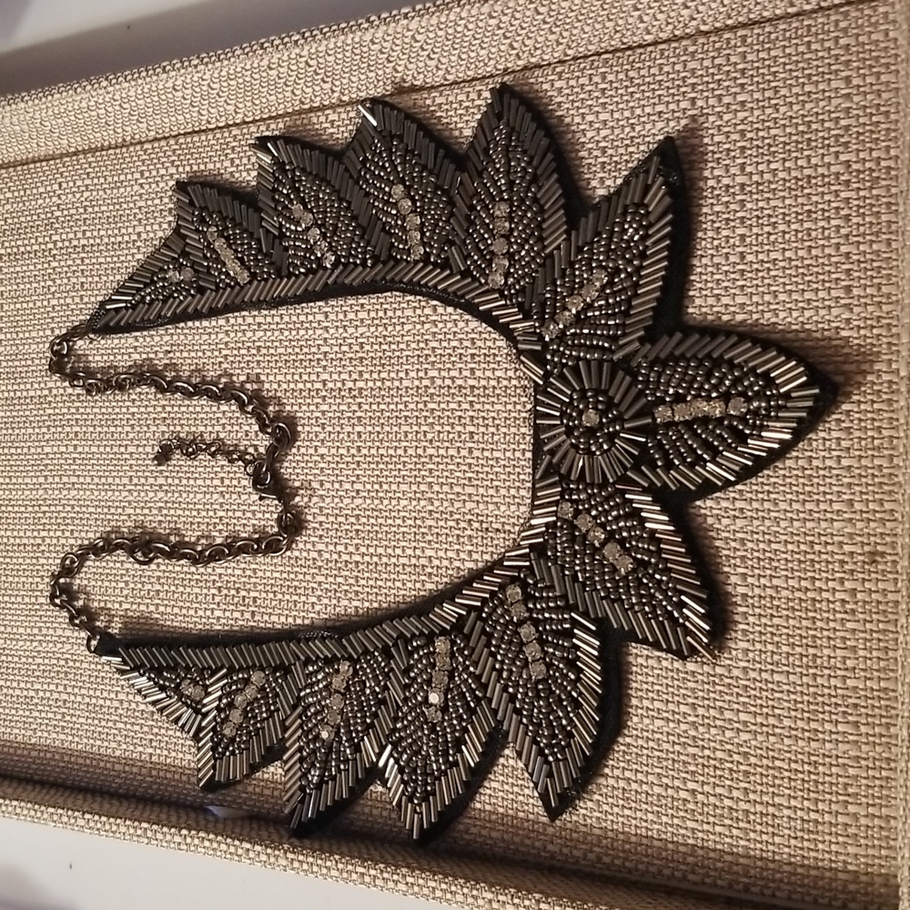 Silver Beaded Necklace with felt backing